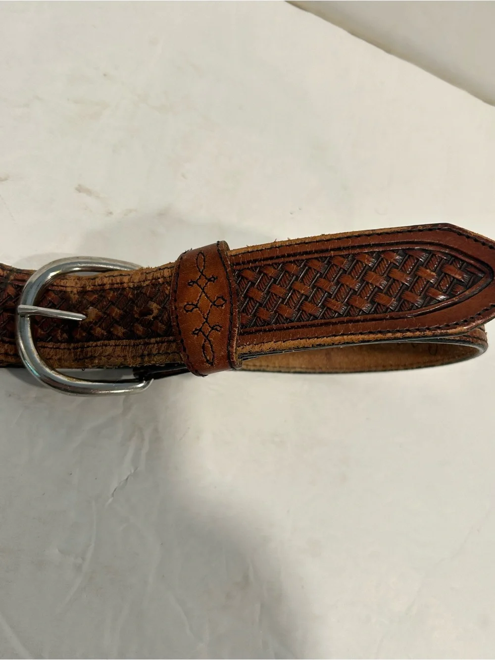 Vintage Leegin Silver Creek Basketweave Tooled Leather Belt Size 40 USA Made